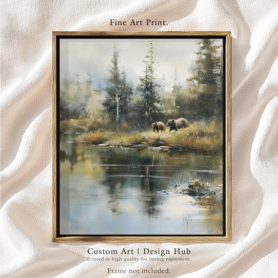 Bears By The Forest Lake Wildlife Nature Scene In Rustic Landscape Style Fine Art Print
