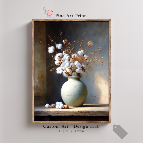 Cotton Bouquet Still Life Print Vintage Botanical Painting Neutral Farmhouse Decor