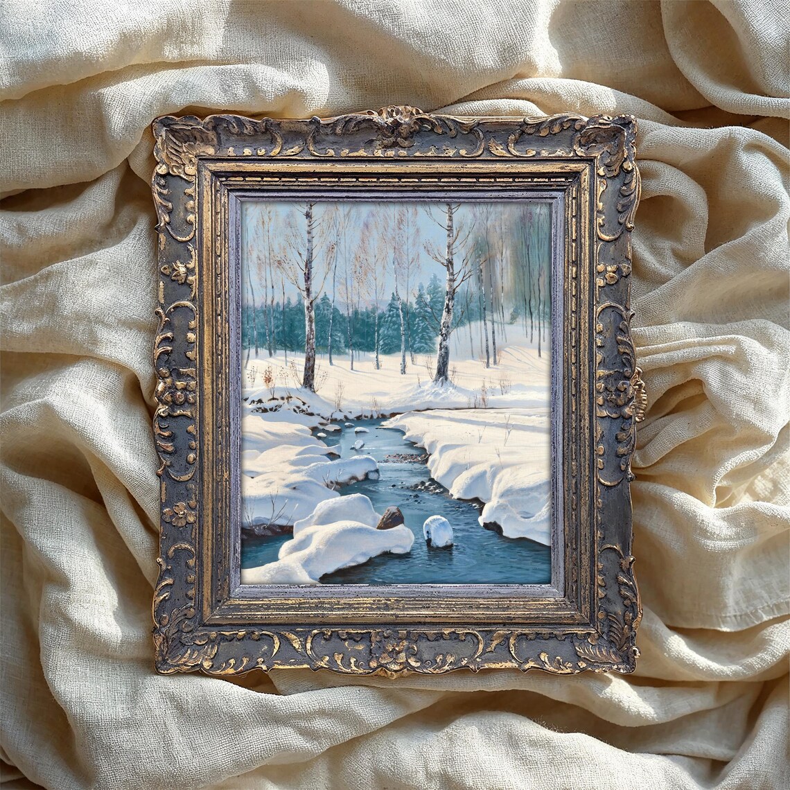 Winter Snowy Forest Oil Painting Frozen Stream Birch Trees Poster