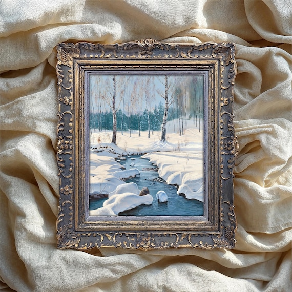 Winter Snowy Forest Oil Painting Frozen Stream Birch Trees Poster