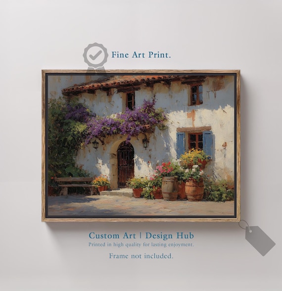 Mediterranean Courtyard Bougainvillea Blue Shutters Impressionist Poster
