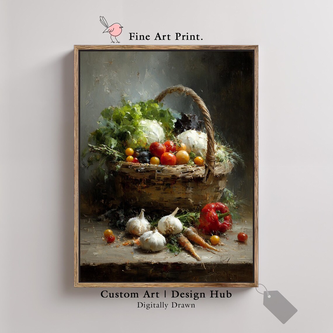 Rustic Vegetable Basket Still Life, Vintage Farmhouse Art Print