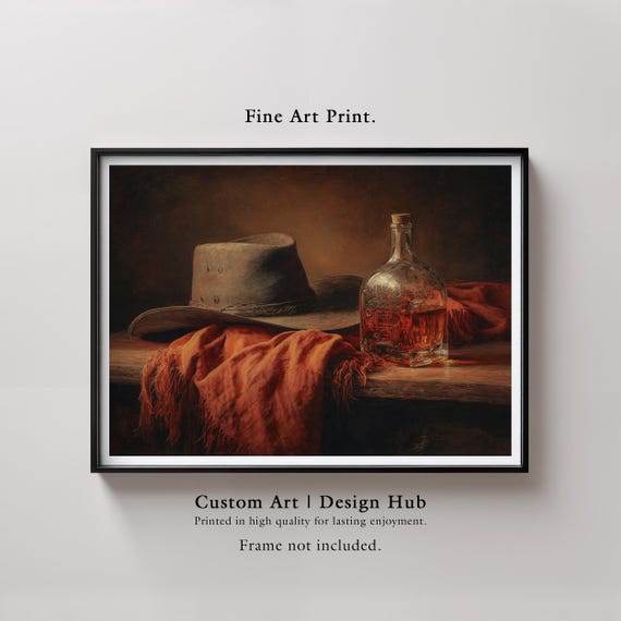 Rustic Western Still Life Cowboy Hat and Whiskey Bottle Print