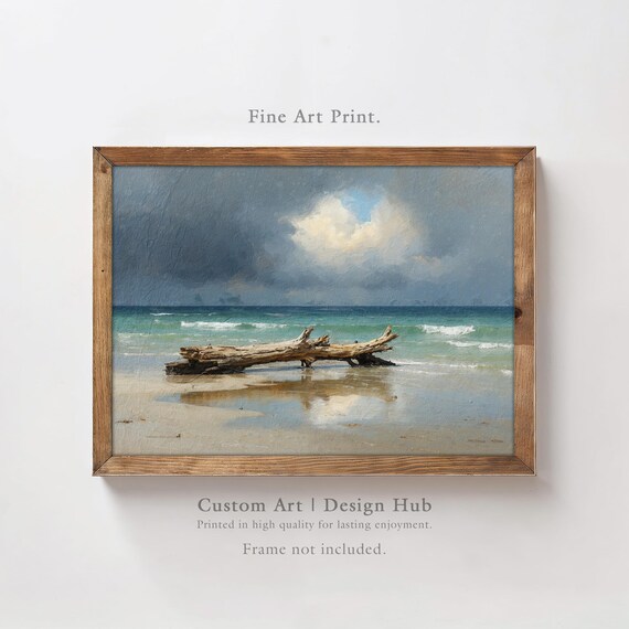 Moody Beach Driftwood Poster Stormy Seascape Ocean Waves Painting