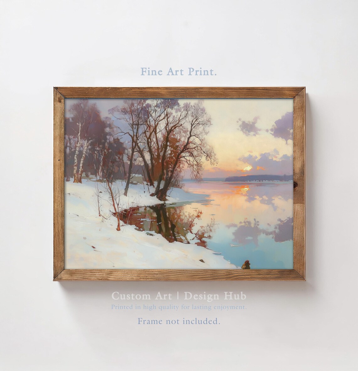 Winter Snowy River Sunset Oil Painting Vintage Nature Art Poster