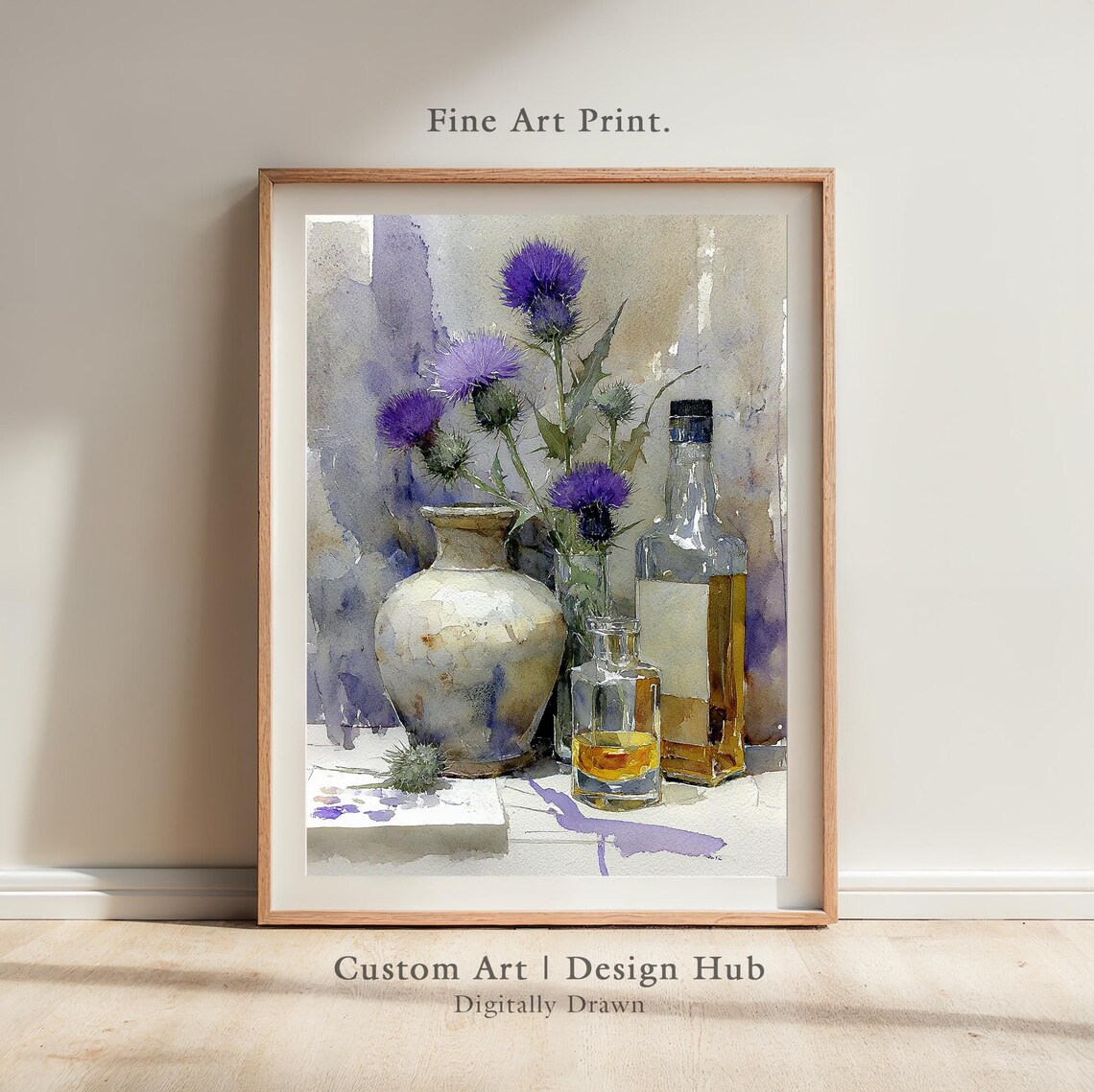 Purple Thistle Flowers Glass Bottles Rustic Watercolor Poster