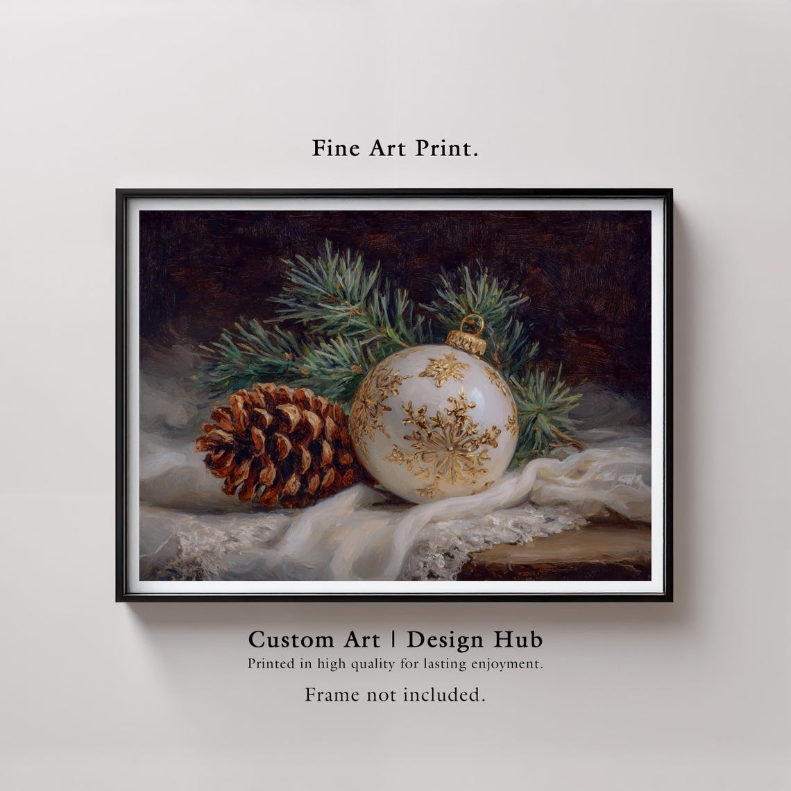 White Gold Christmas Bauble Pinecone Evergreen Holiday Print