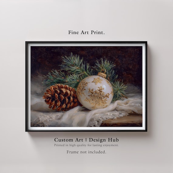 White Gold Christmas Bauble Pinecone Evergreen Holiday Print