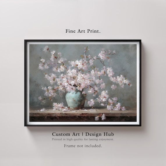 Cherry Blossom Painting Pale Blue Vase Elegant Floral Still Life Poster