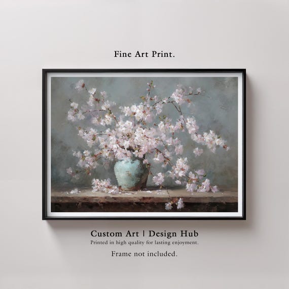 Cherry Blossom Print Elegant Floral Still Life In Blue Vase
