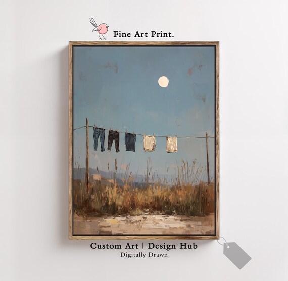 Minimalist Laundry Line Wall Art Moonlit Night Sky Landscape Painting Print