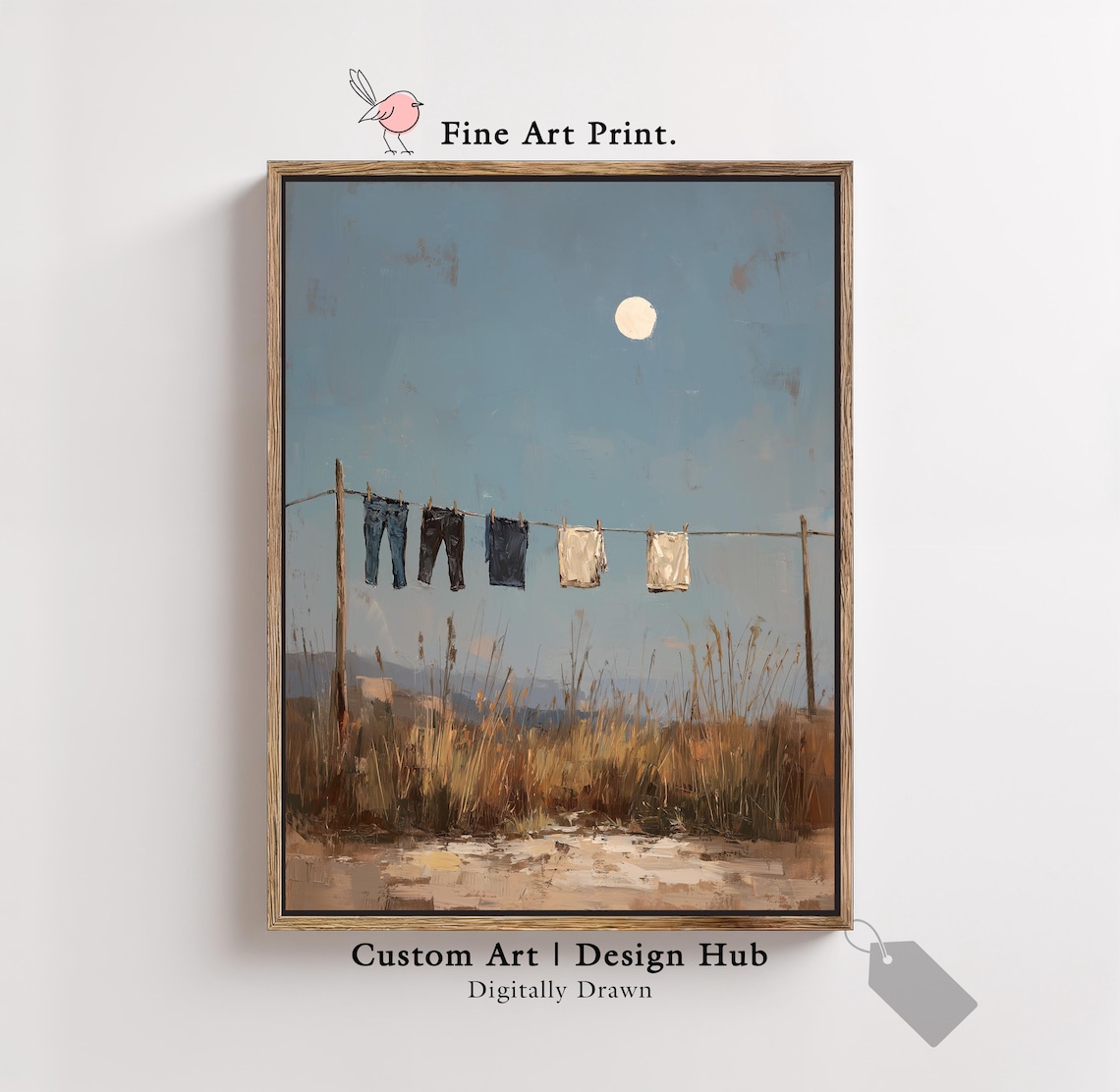 Clothesline Laundry Under the Moon Rustic Countryside Art Poster