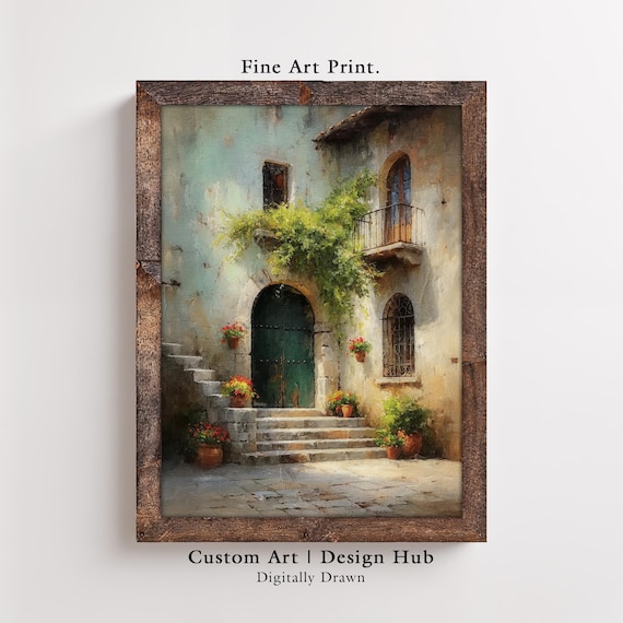 Mediterranean Courtyard Stone Steps Flowers Rustic Art Print