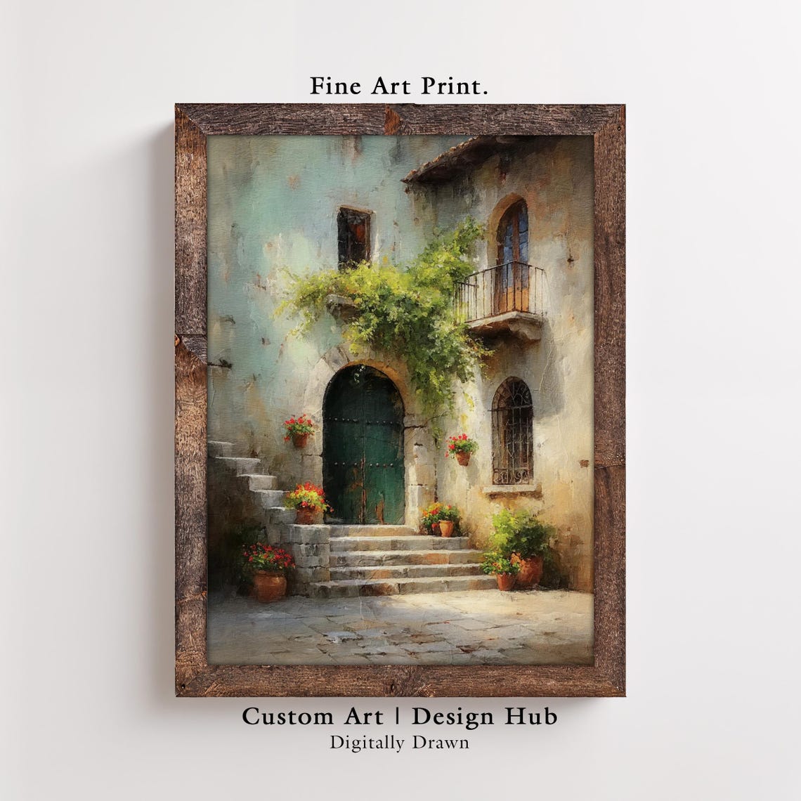 Mediterranean Courtyard Stone Steps Flowers Rustic Art Print