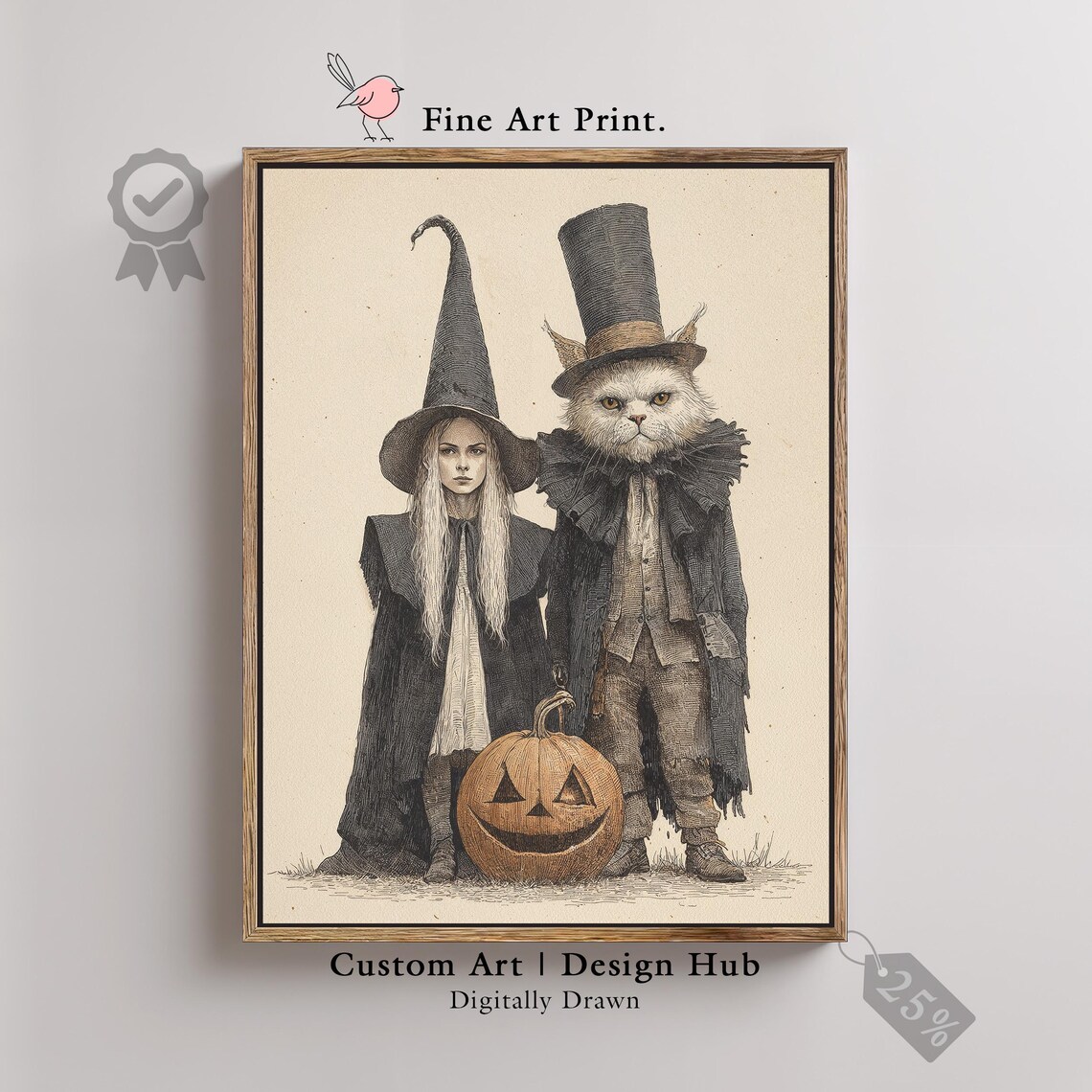 Vintage Halloween Witch Cat Art Print Gothic Jack Olantern