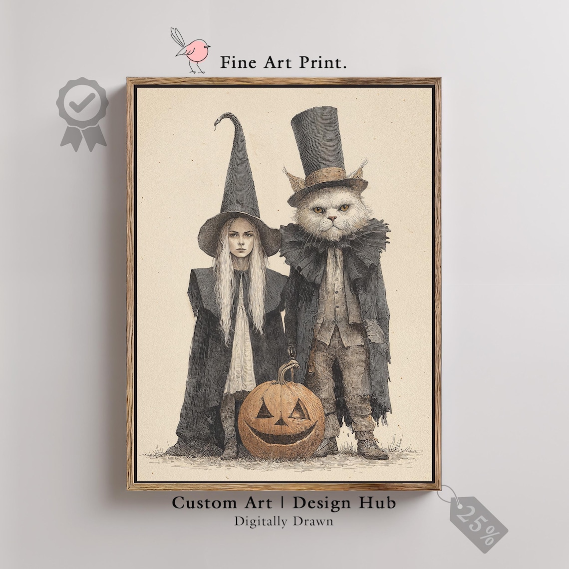 Witch Girl and Cat Gentleman Vintage Halloween Portrait Poster