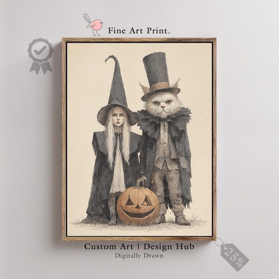 Vintage Halloween Witch Cat Art Print Gothic Jack Olantern