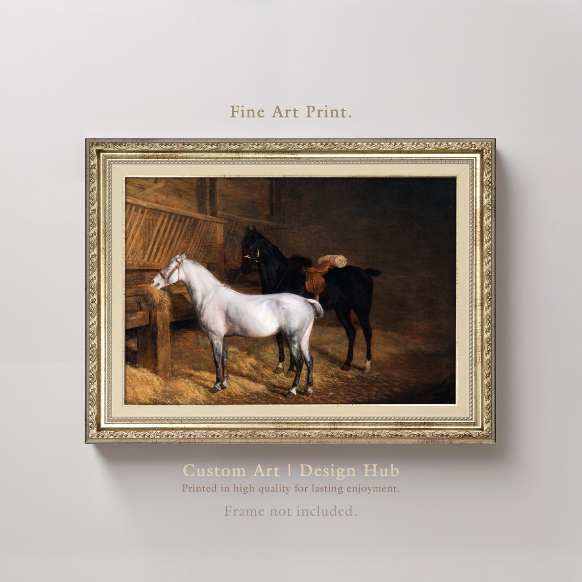 White And Black Horses In Rustic Stable Vintage Equestrian Print