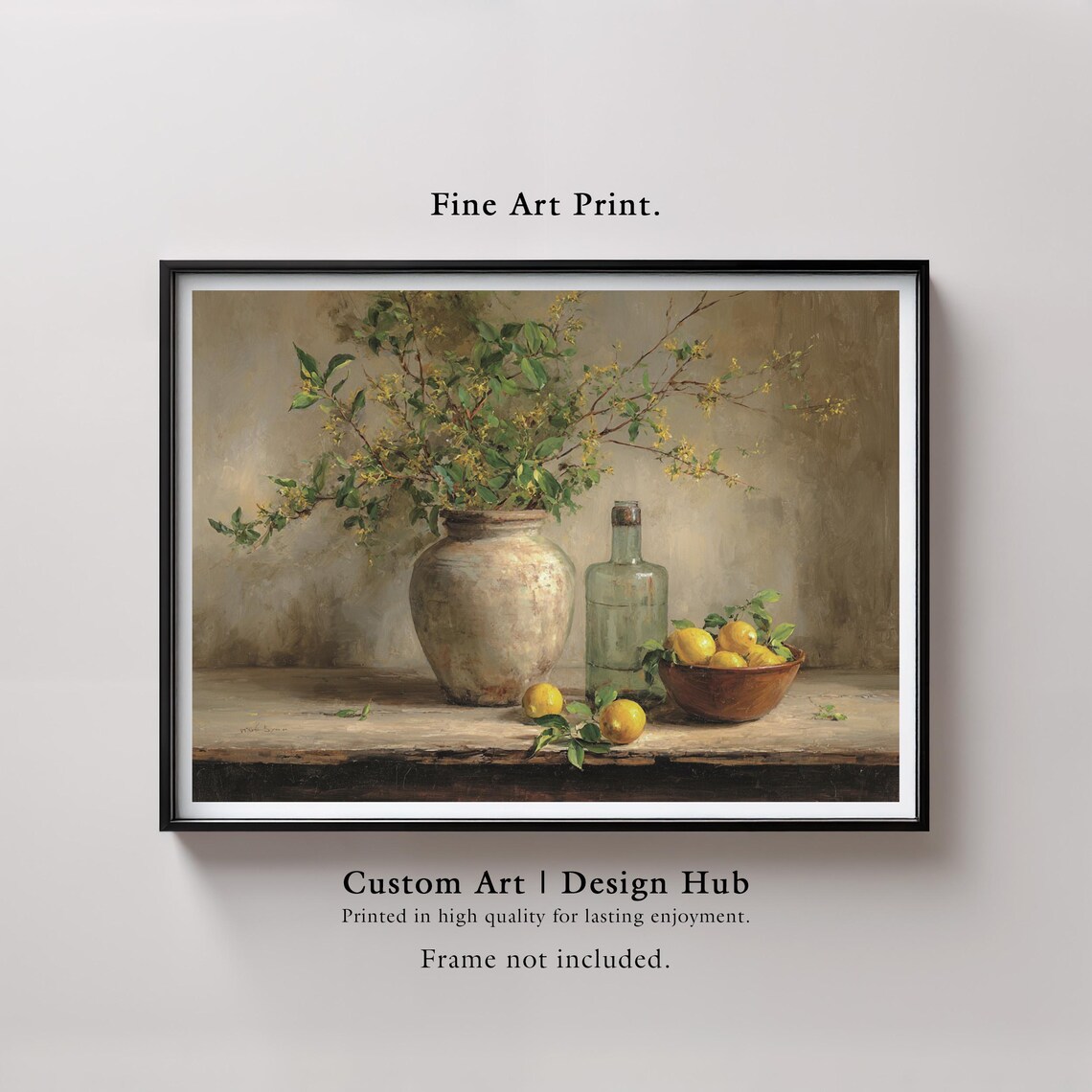 Lemon Blossom Ceramic Vase Glass Bottle Rustic Still Life Print