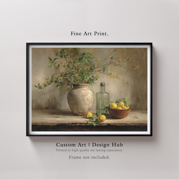 Lemon Blossom Ceramic Vase Glass Bottle Rustic Still Life Print