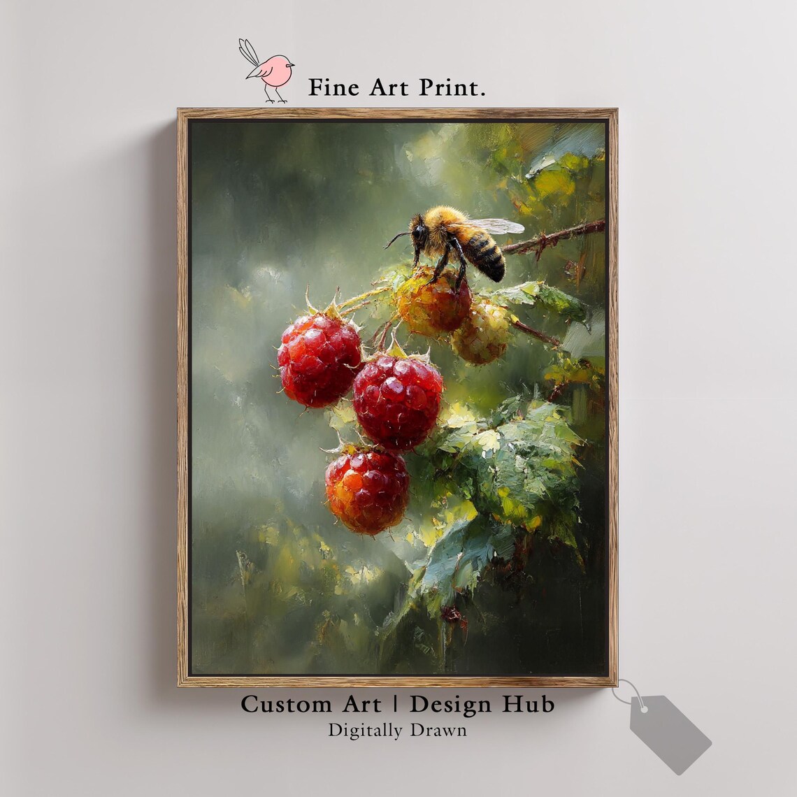 Raspberries On Vine Honey Bee Vintage Garden Still Life Art Poster