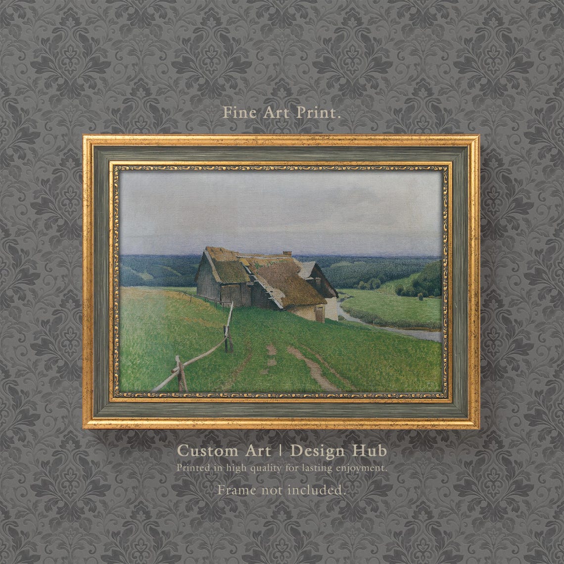 Rustic Thatched Cottage On Green Hillside Vintage Farm Print