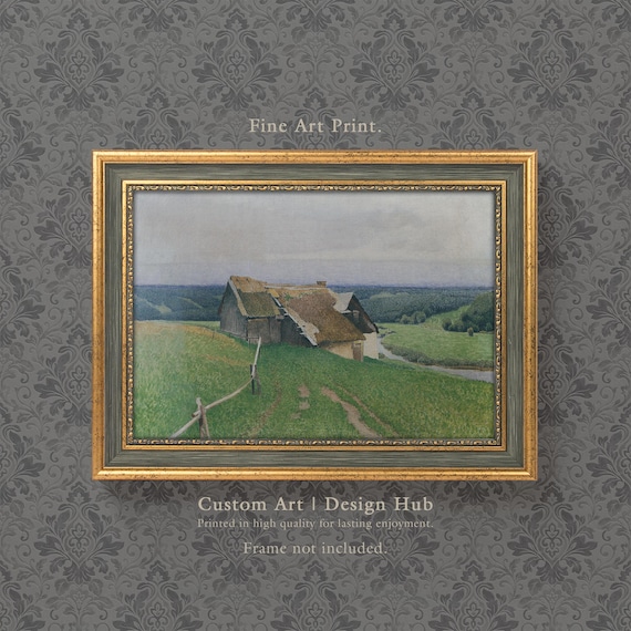 Rustic Thatched Cottage On Green Hillside Vintage Farm Print