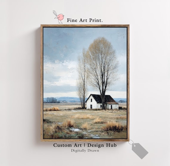 White Farmhouse Open Field Tall Bare Trees Rural Fine Art Poster
