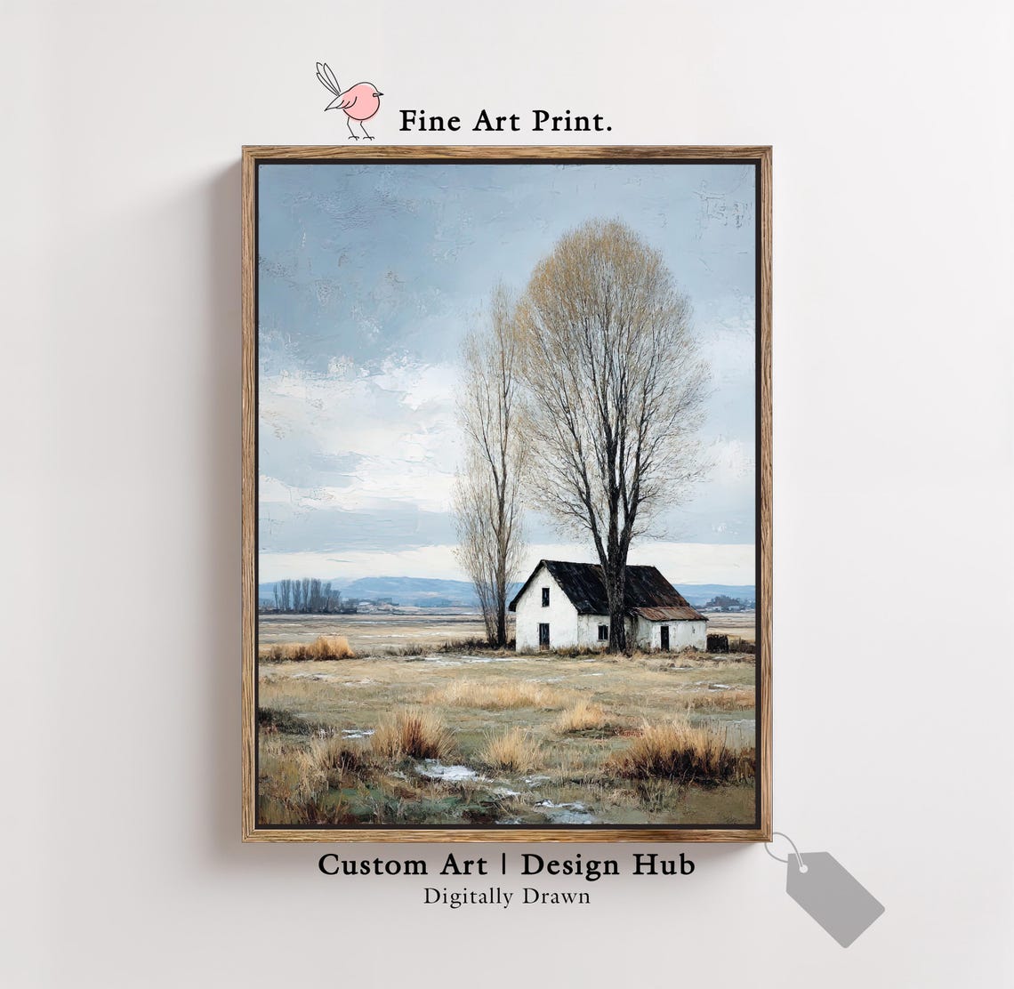 White Farmhouse Open Field Tall Bare Trees Rural Fine Art Poster