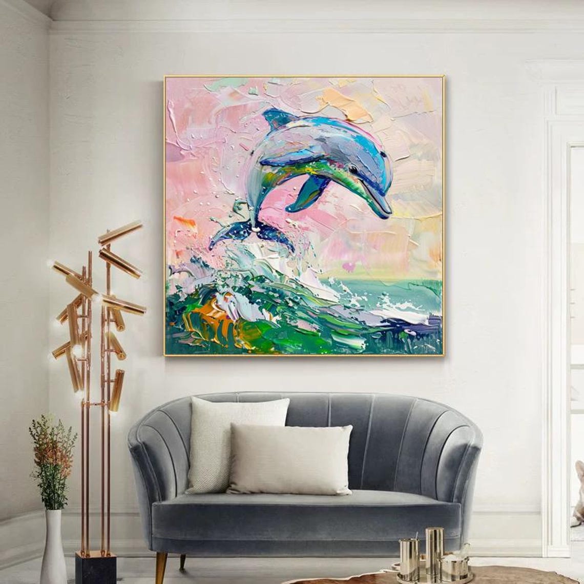 Joyful Leaping Rainbow Dolphin Over Sparkling Green Ocean Wave Poster - Image 3