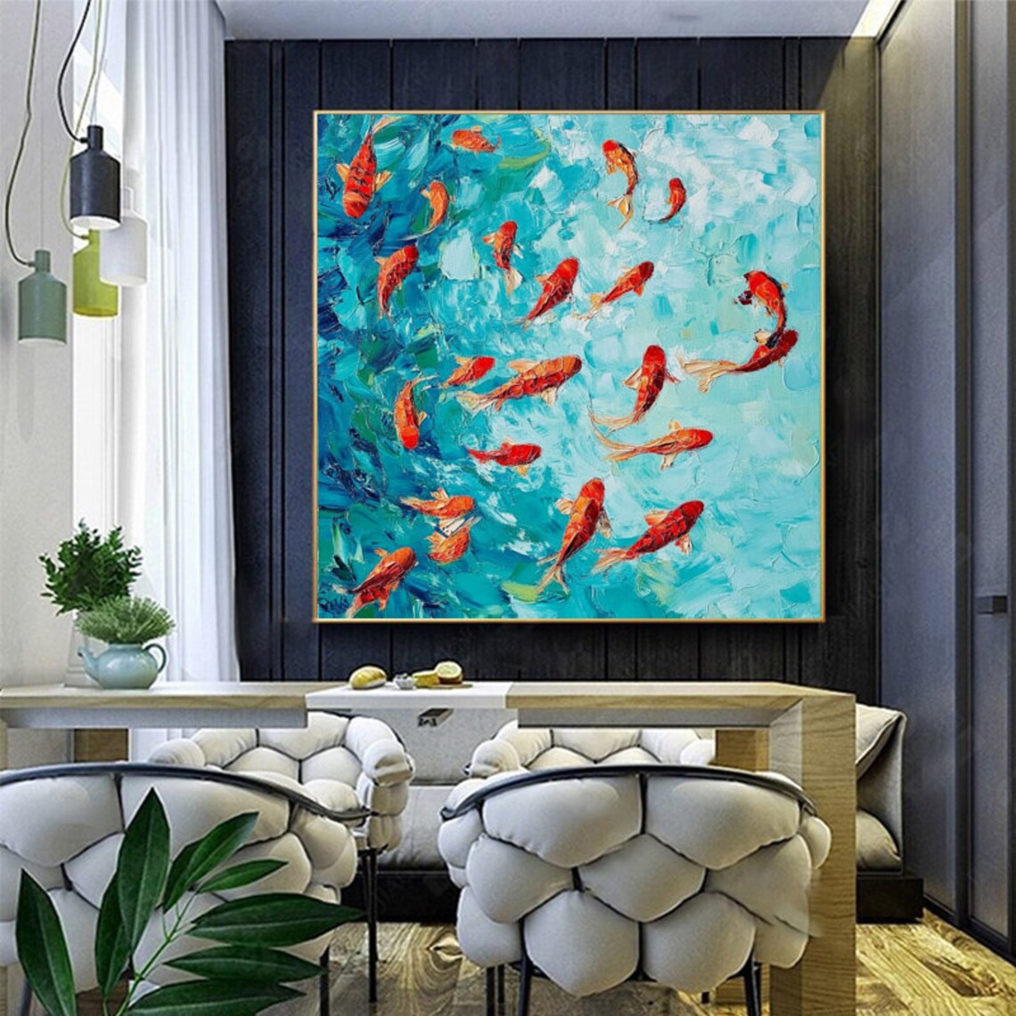 Red Koi Fish Swimming In Sparkling Turquoise Water Impasto Art Poster - Image 4