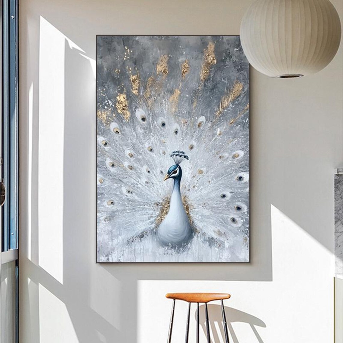 White Peacock With Gold Feathers Grey Elegant Bird Painting Poster - Image 6