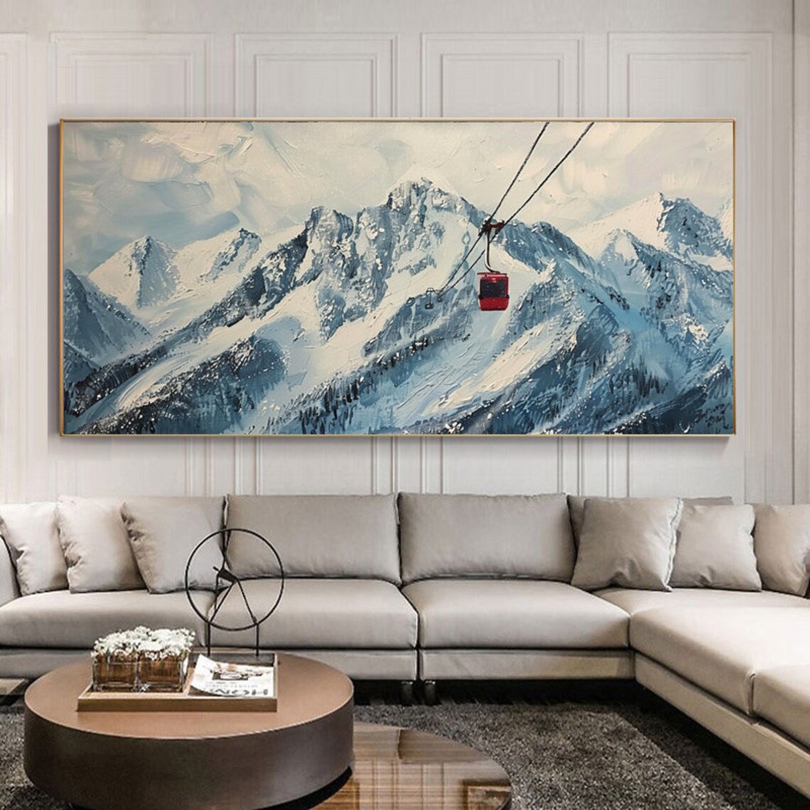 Serene Snowy Alpine Peaks With a Red Cable Car Winter Scene Poster - Image 6