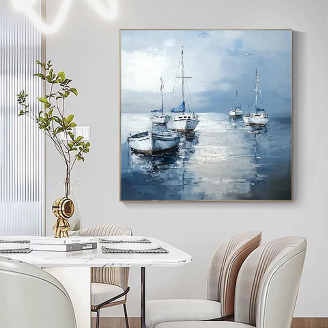 White Sailboats Anchored In Calm Blue Harbor Hand Painted Art Poster - Image 3