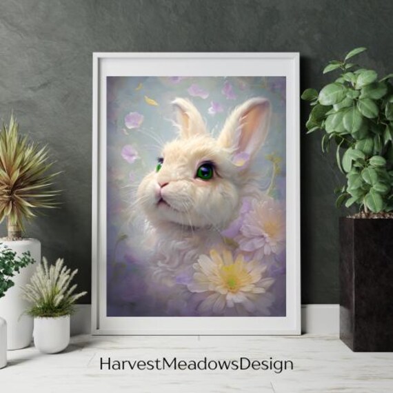 Fluffy White Rabbit Green Eyes Pastel Flower Nursery Art Poster