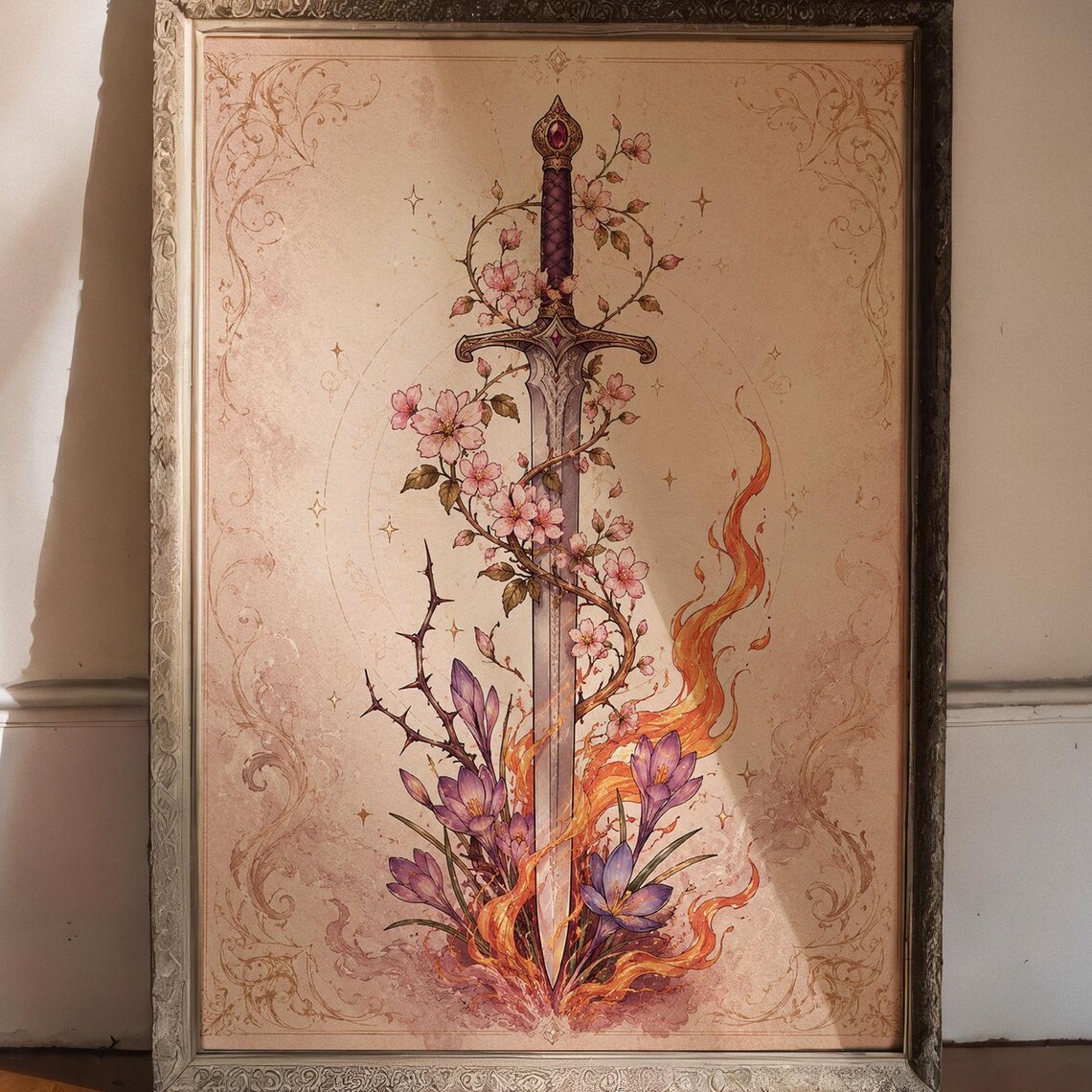Fantasy Sword Floral Print, Romantic Gothic Botanical