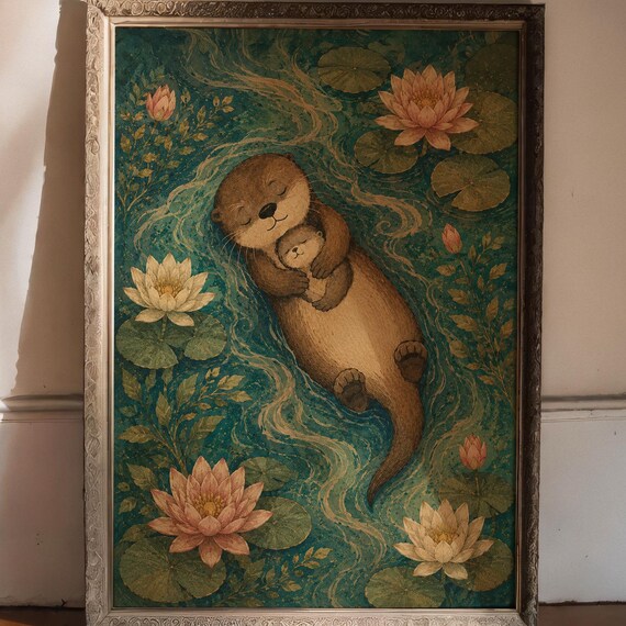 Mother Otter And Baby Sleeping On Water Lilies Tender Animal Poster