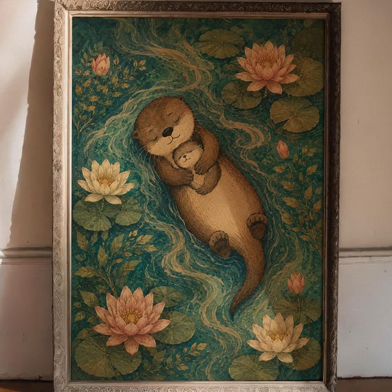 Otter Mother Baby Wall Poster Vintage Japanese Water Lily Print Teal Pond Animal Art