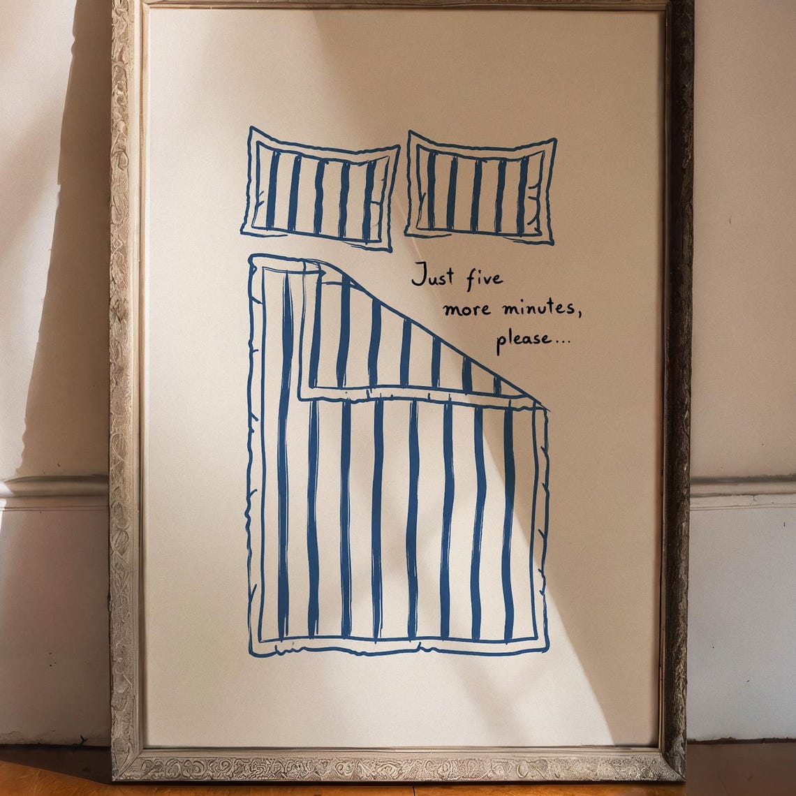 Just Five More Minutes Please Funny Bed Duvet Line Drawing Poster
