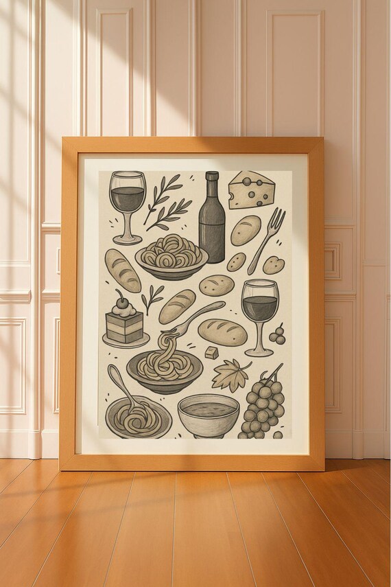 Italian Food Handdrawn Sketch Pasta Wine Cheese Rustic Art Print