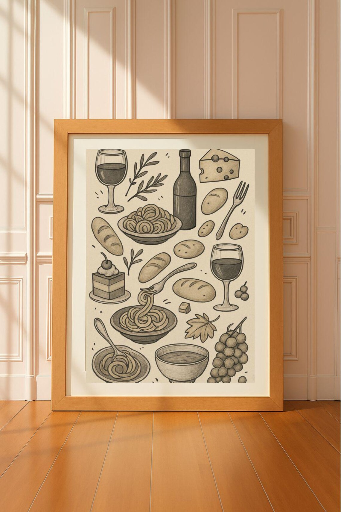Italian Food Illustration Print Pasta Wine Bread Cheese Handdrawn Art Rustic Kitchen Wall Decor