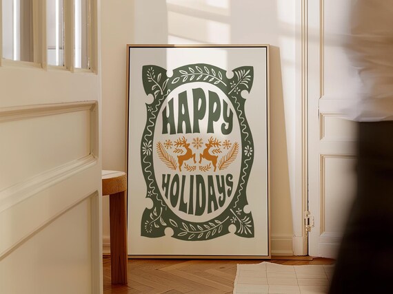 Happy Holidays Retro Reindeer Folk Art Scandinavian Christmas Poster
