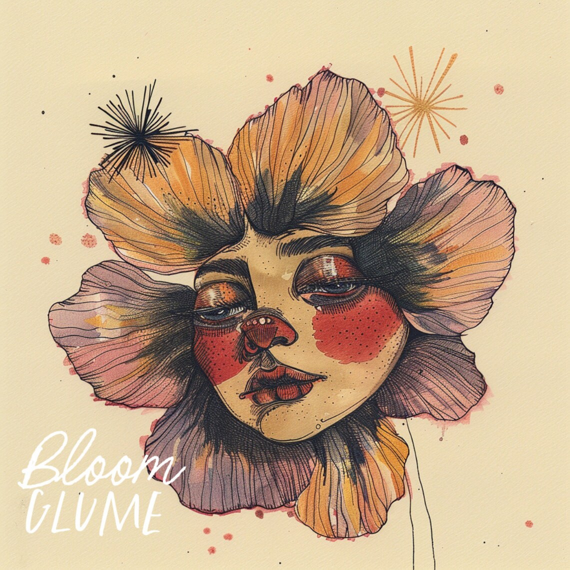 Drena Bloomies Flower Face Fairytale Watercolor Lowbrow Botanical Art Print - Image 2