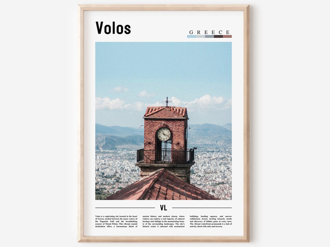 Volos Greece Clock Tower City Overlook Photo Travel Poster With Text