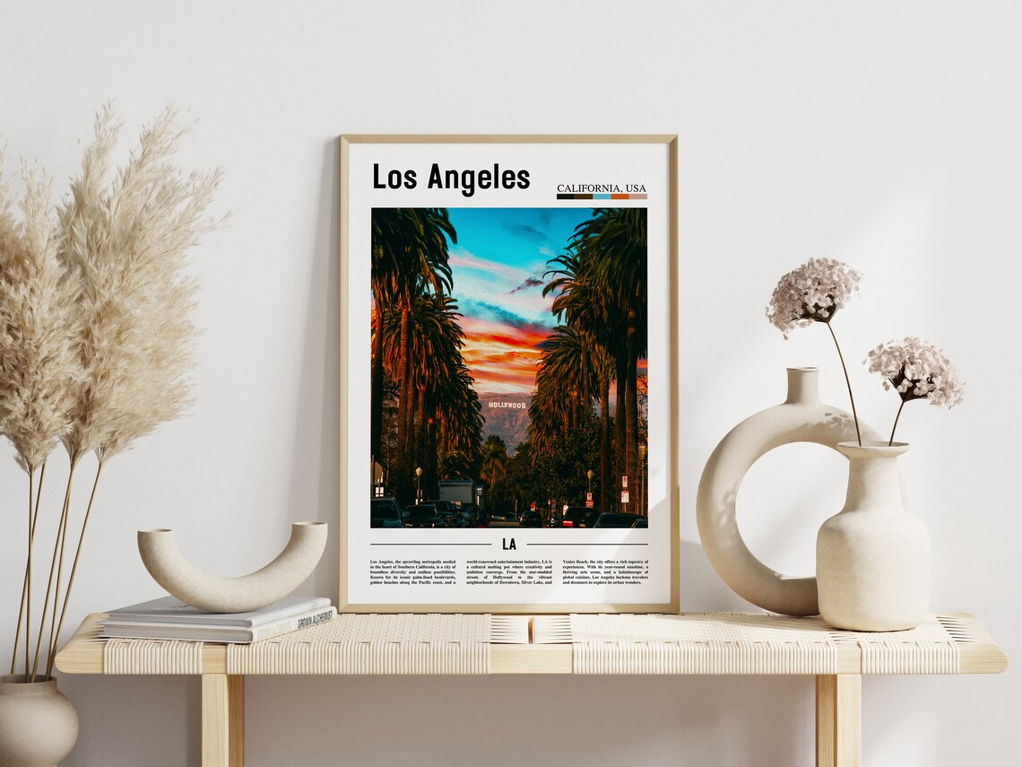 Los Angeles Hollywood Sign Between Palm Trees Sunset Travel Poster - Image 3