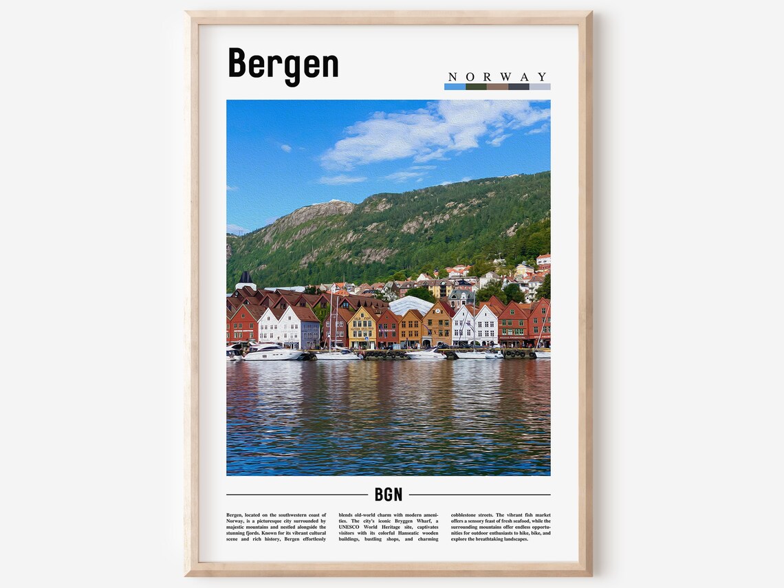 Bergen Norway Historic Harbor Colorful Wooden Houses Travel Poster