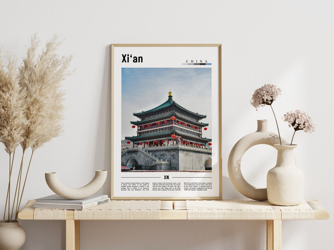 Xian China Bell Tower Poster Ancient Pagoda Red Lanterns Travel Art - Image 3