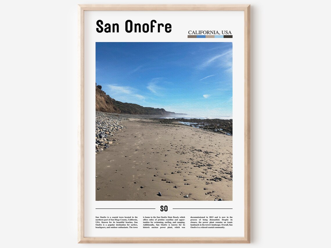 San Onofre California Travel Poster Sandy Beach and Rocky Cliffs Photo
