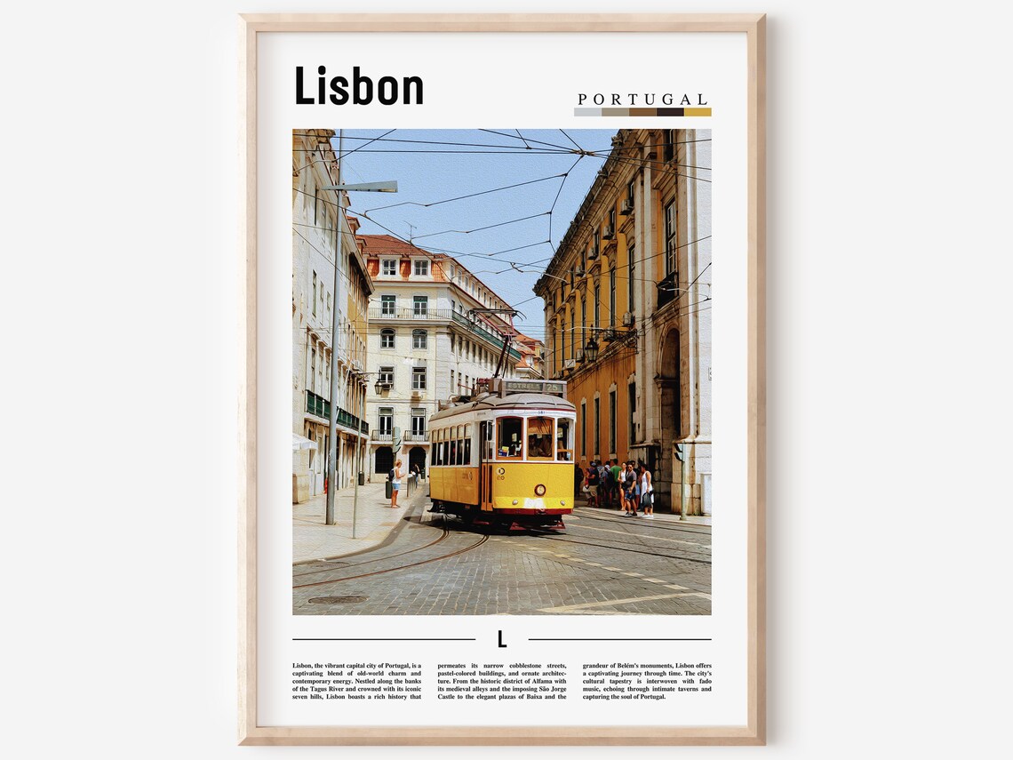 Lisbon Portugal Yellow Tram Cobblestone Street Photo Travel Poster