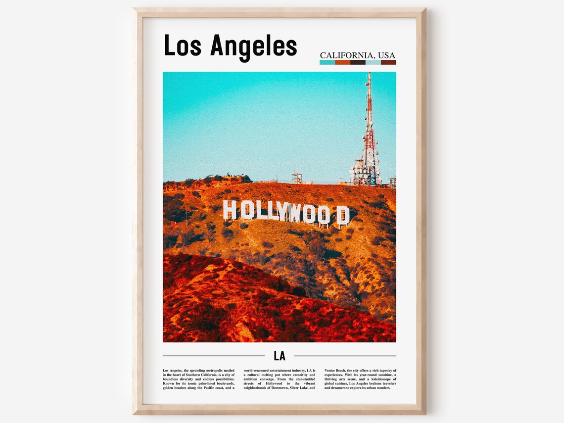 Los Angeles Hollywood Sign Dusk Hill Travel California Art Poster